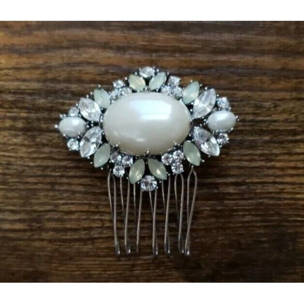 Silver Tone Twisted Wire Rhinestone Faux Pearl HAIR COMB Small Bride Wedding